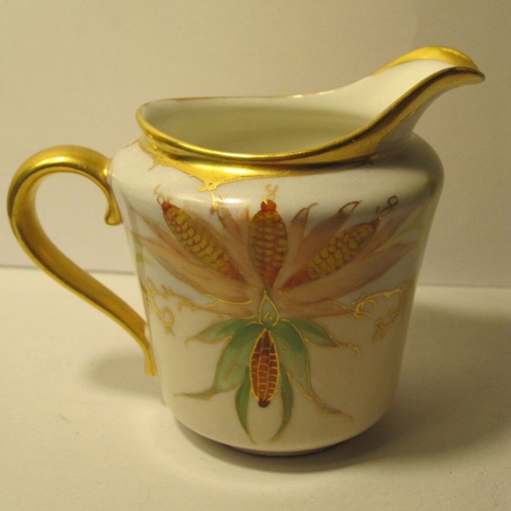 old D&C France Limoges 3.5" Creamer: Cornhusk Corn Cobs w/ gold trim